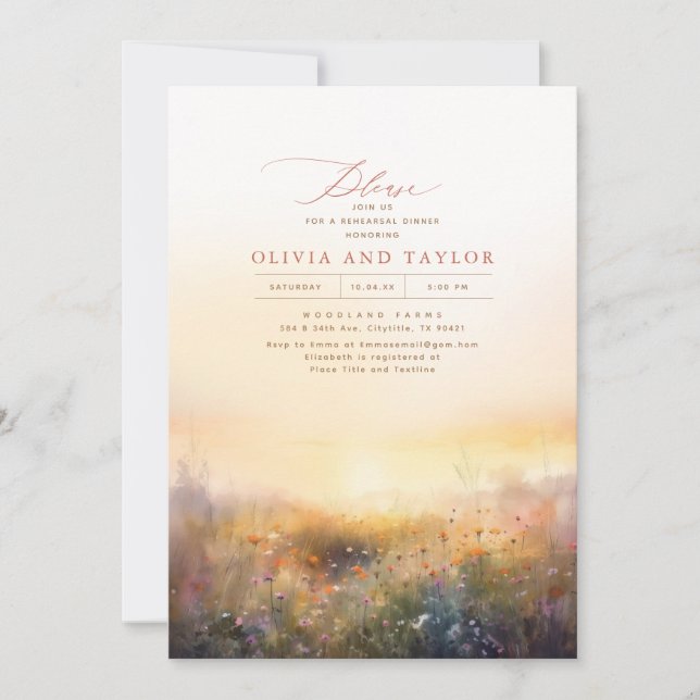 Wildflowers Meadow Elegant Summer Rehearsal Dinner Invitation (Front)