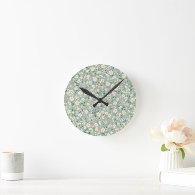 Wildflowers Meadow Seamless Floral Pattern Round Clock (Home)