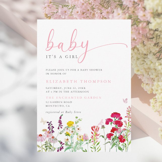 Wildflowers Meadow Sunny Floral Girl Baby Shower Invitation (wildflowers baby girl shower invitation colorful floral elegant modern calligraphy garden party)
