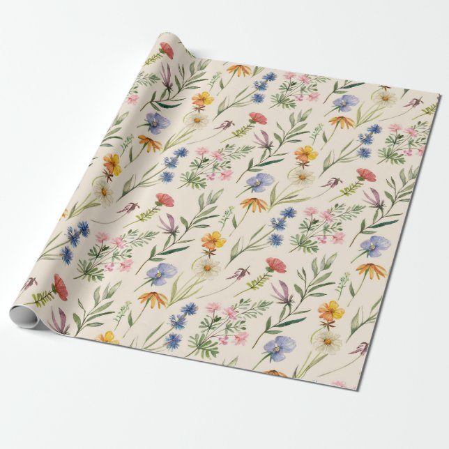 Wildflowers Minimalist Boho Floral Wrapping Paper (Unrolled)