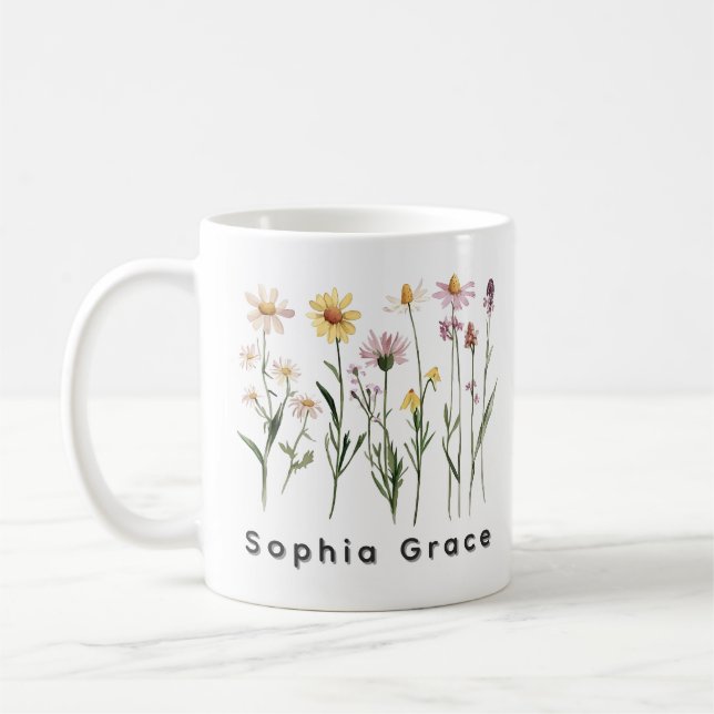 Wildflowers Minimalist Custom Name Coffee Mug (Left)