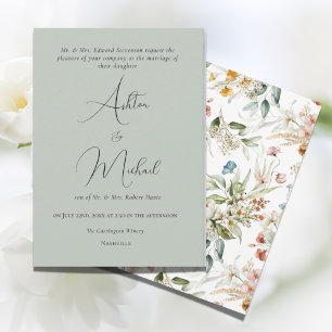 Wildflowers Minimalistic Sage Green Modern Wedding Invitation