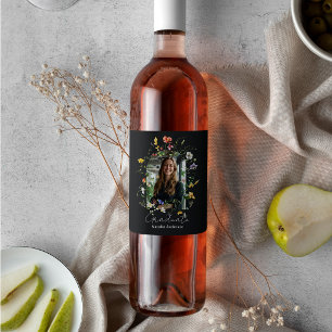 Wildflowers Modern Black Arch Photo Graduate Party Wine Label