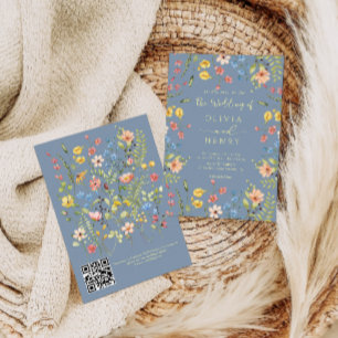 Wildflowers Modern Dusty Blue QR Code Wedding Invitation