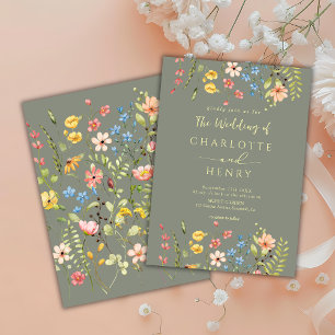 Wildflowers Modern Elegant Sage Green Wedding Invitation