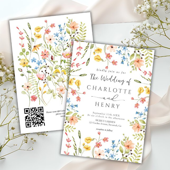  Wildflowers Modern Garden QR Code Wedding  Invitation (Creator Uploaded)