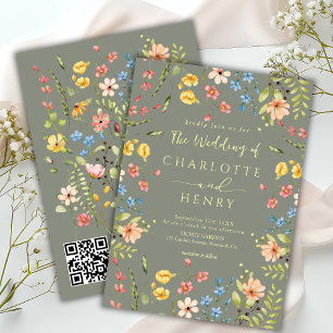  Wildflowers Modern Garden Sage QR Code Wedding  Invitation
