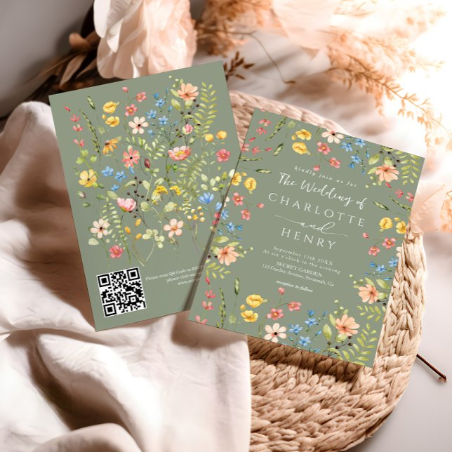  Wildflowers Modern Sage Garden QR Code Wedding  Invitation (Creator Uploaded)
