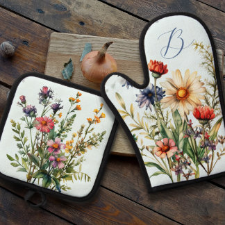 Wildflowers Monogram Initial Kitchen Oven Mitt & Pot Holder Set