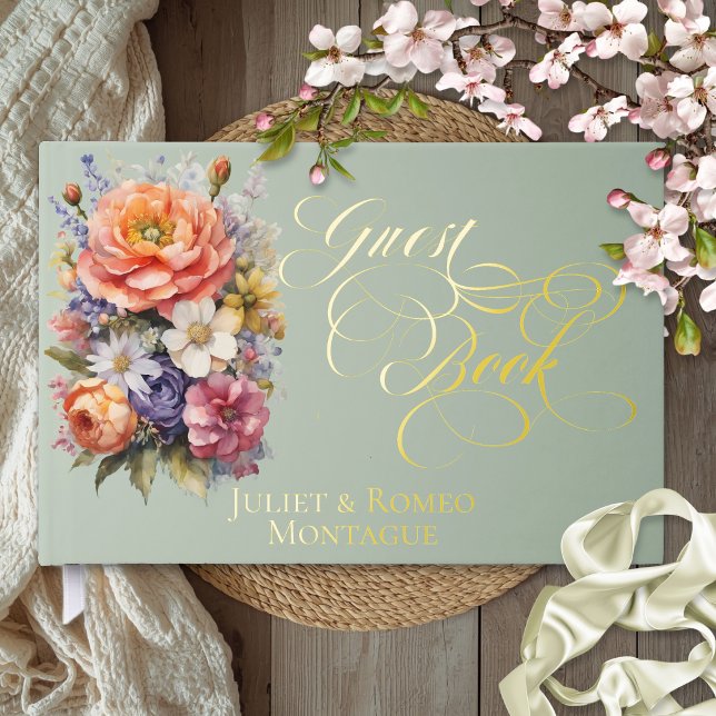 Wildflowers & Monogram - Sage Foil Guest Book (Creator Uploaded)