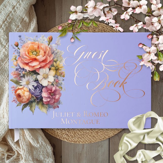Wildflowers & Monogram - Sky Blue Foil Guest Book (Creator Uploaded)