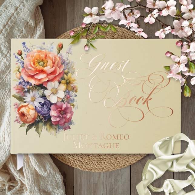 Wildflowers & Monogram - Wheat Foil Guest Book (Creator Uploaded)