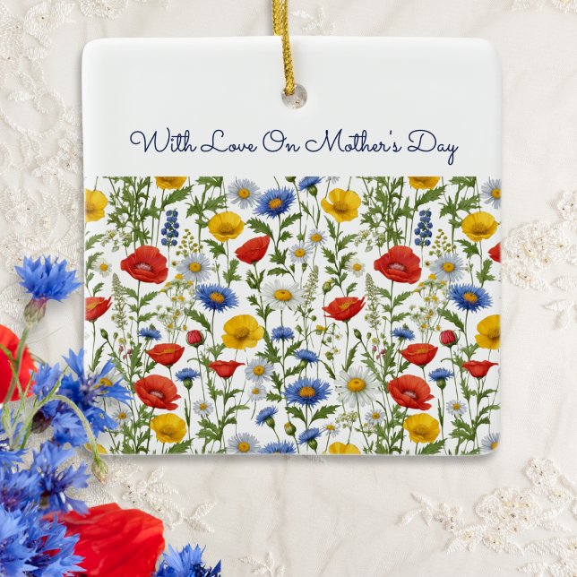 Wildflowers Mother's Day Ceramic Ornament (A pretty ornament for Mother's Day with wildflowers pattern and custom text)