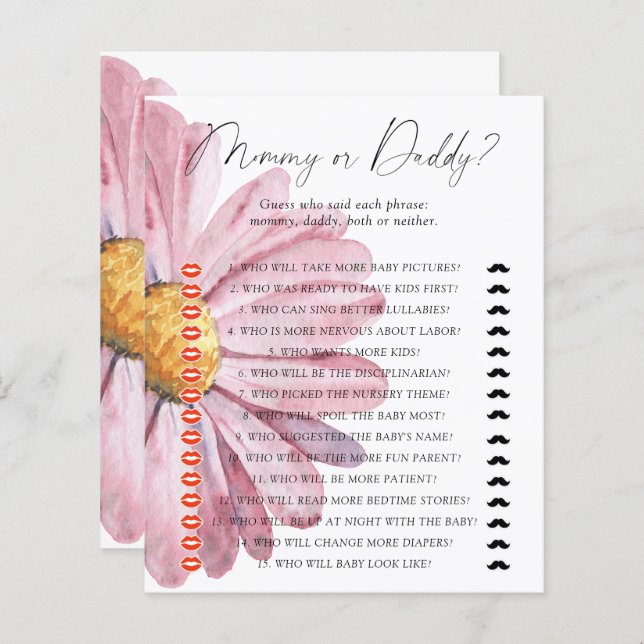 Wildflowers mummy or daddy baby shower game (Front/Back)