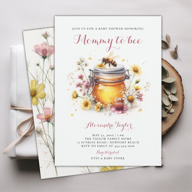 Wildflowers Mummy to Bee Honey Baby Girl Shower Invitation (mommy to bee baby girl shower invitation watercolor illustration cute adorable whimsical wildflowers)
