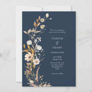 Wildflowers Navy Blue Boho Botanical Wedding  Invitation