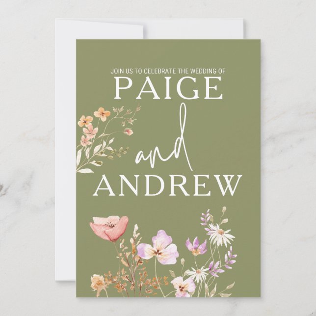 Wildflowers Olive Farmhouse Wedding Invitation (Front)