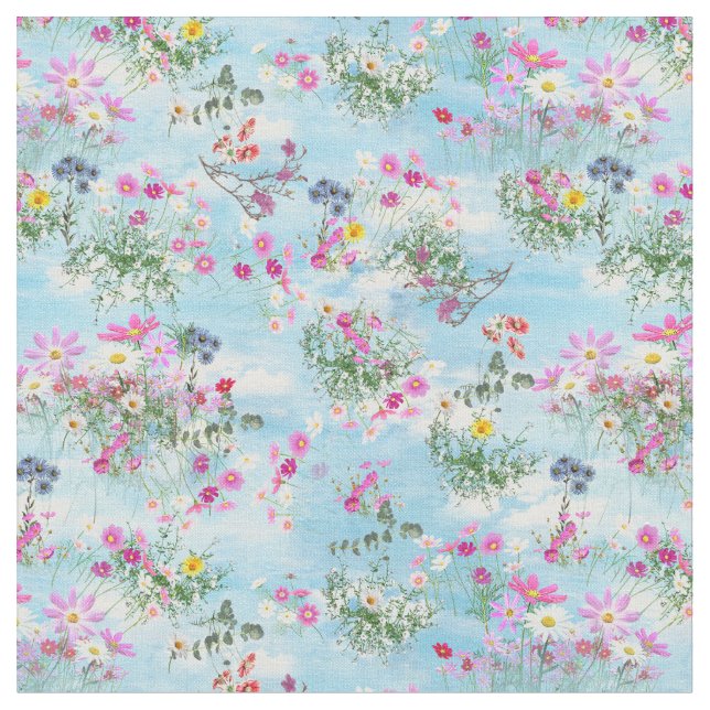 Wildflowers on a  Blue Sky Fabric (Close Up)