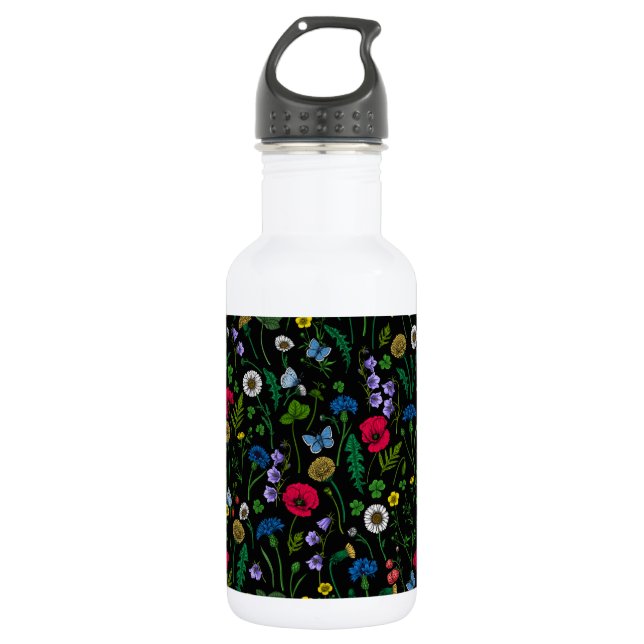 Wildflowers on black 532 ml water bottle (Front)