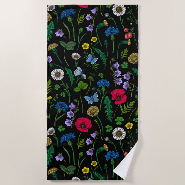 Wildflowers on black beach towel (Front)