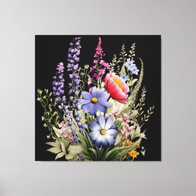Wildflowers on Black Botanical Canvas Print (Front)