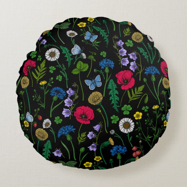 Wildflowers on black round cushion (Front)