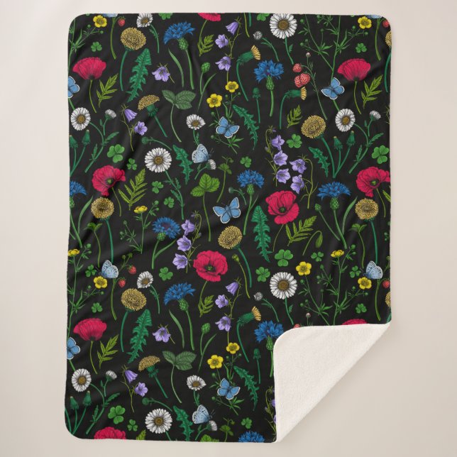 Wildflowers on black sherpa blanket (Front)