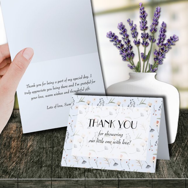Wildflowers on Blue Boy Baby Shower Thank You Card (Wildflowers on Blue Boy Baby Shower Folded Thank You Cards (leave inside blank to handwrite notes))