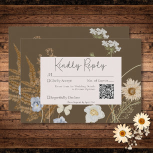 Wildflowers on Brown Wedding QR Code RSVP Card