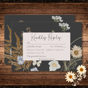 Wildflowers on Charcoal Wedding Three Dinner RSVP Card