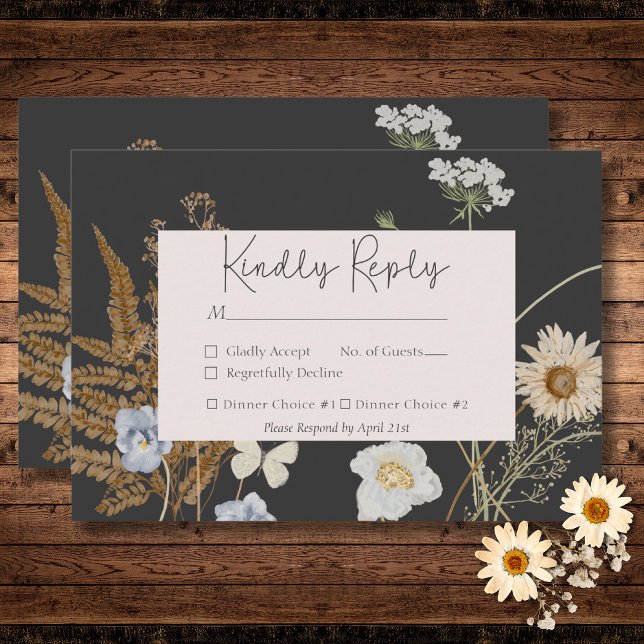 Wildflowers on Charcoal Wedding Two Dinner RSVP Card (Wildflowers on Charcoal Wedding QR Code RSVP Card)