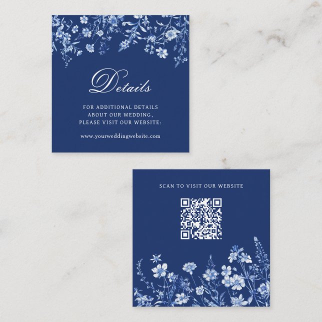 Wildflowers on French Blue Wedding Details QR Code Enclosure Card (Front/Back)