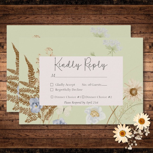 Wildflowers on Light Sage Wedding Two Dinner RSVP Card (Wildflowers on Light Sage Wedding Two Dinner RSVP Card)