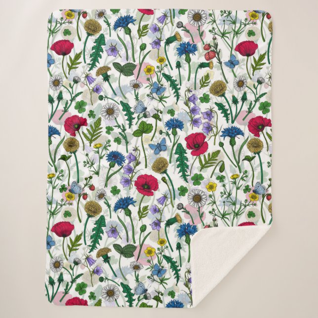 Wildflowers on off white sherpa blanket (Front)
