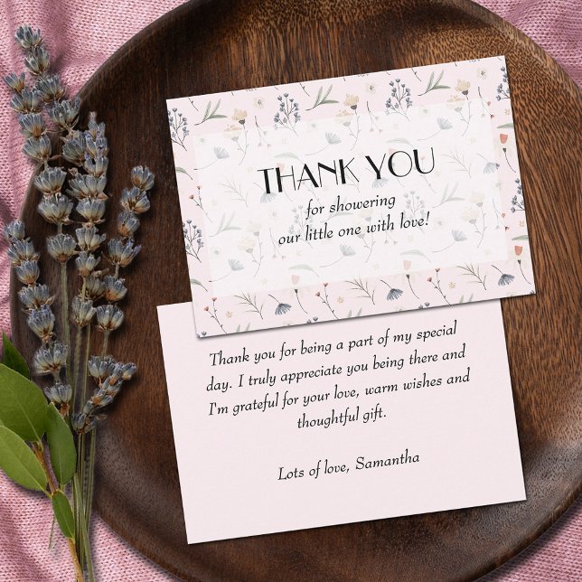 Wildflowers on Pink Girl Baby Shower Thank You Card (Wildflowers on Pink Girl Baby Shower flat Thank You Cards with a message on the back)