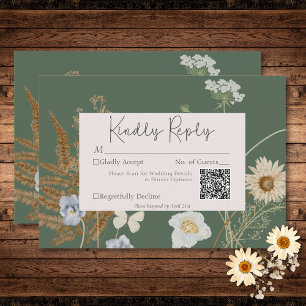 Wildflowers on Sage Green Wedding QR Code RSVP Card
