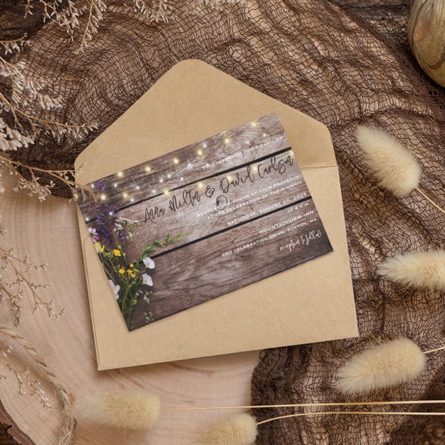 Wildflowers on Wood String Lights Rustic Wedding Invitation (Creator Uploaded)