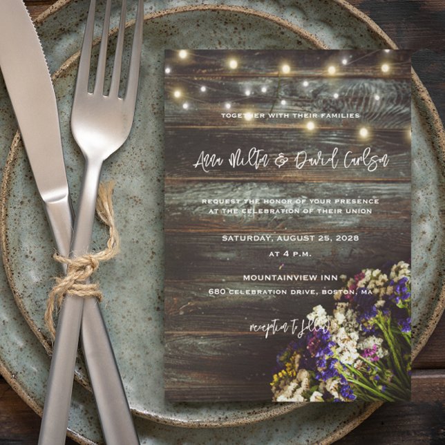 Wildflowers on Wood String Lights Rustic Wedding Invitation (Creator Uploaded)