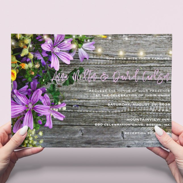 Wildflowers on Wood String Lights Rustic Wedding Invitation (Creator Uploaded)