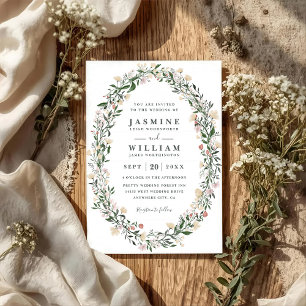 Wildflowers Oval Floral Wreath QR Code Wedding Invitation