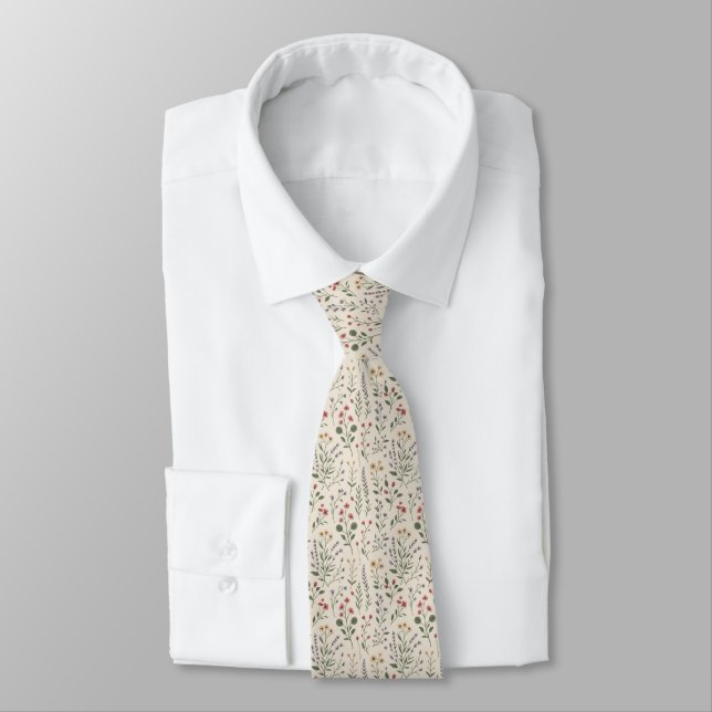 Wildflowers Pattern Cream Background Tie (Tied)