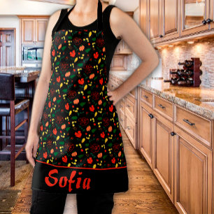 Wildflowers pattern poppy black apron