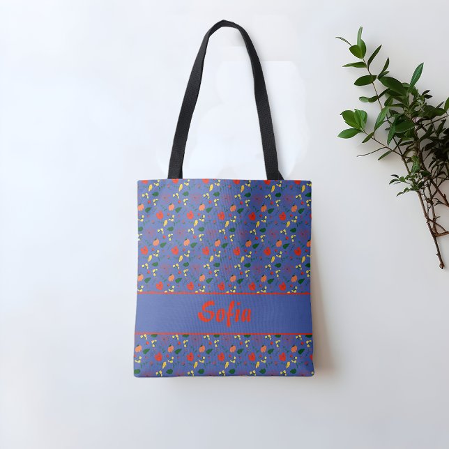 Wildflowers pattern poppy name blue tote bag (Creator Uploaded)