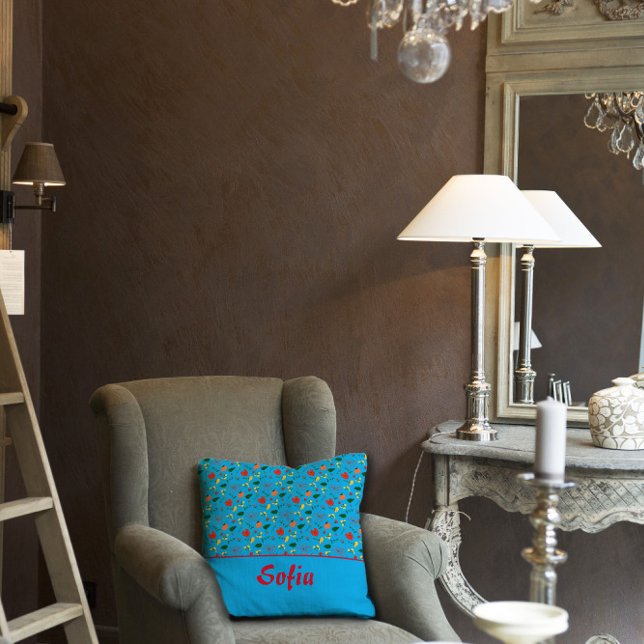 Wildflowers pattern poppy turquoise throw pillow (Creator Uploaded)