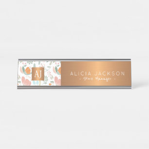 Wildflowers peach pattern copper gold monogrammed desk name plate