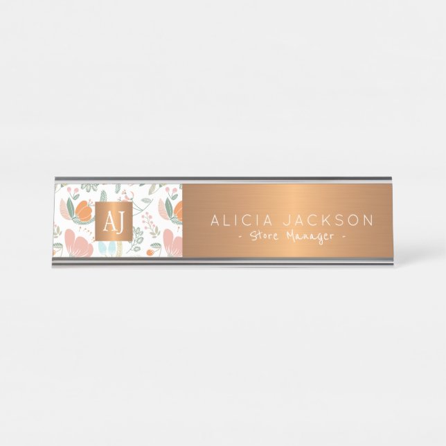 Wildflowers peach pattern copper gold monogrammed desk name plate (Front)