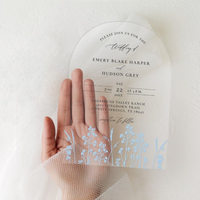 Wildflowers Peri Blue Modern Arch Clear Wedding Acrylic Invitations (clear wedding invitation acrylic boho arch wildflowers sketch dusty peri blue garden modern stylish)