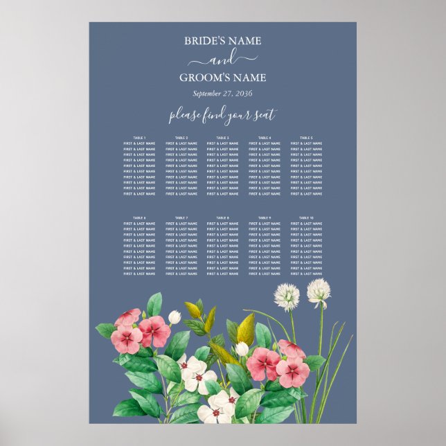 Wildflowers Periwinkle Blue Wedding Seating Chart (Front)