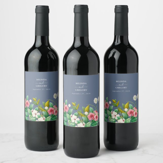 Wildflowers Periwinkle Dusty Blue Wedding Wine Label (Bottles)