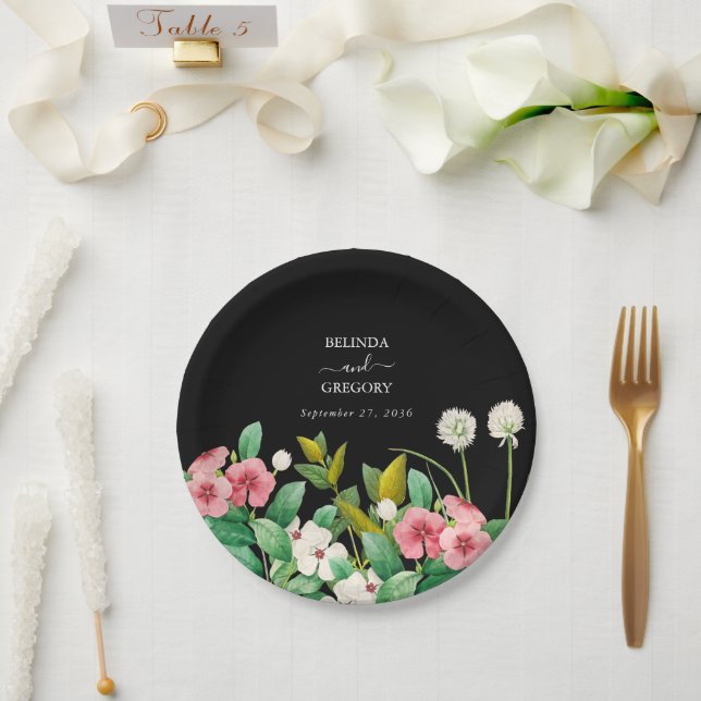Wildflowers Periwinkle Watercolor Black Wedding   Paper Plate (Wedding)